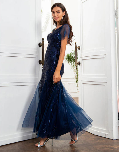 Navy blue sequin fish tail mother of the bride dress