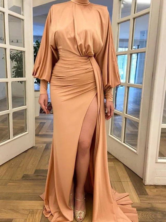 Sheath / Column Minimalist Elegant Engagement Prom Dress High Neck Long Sleeve Sweep / Brush Train Stretch Satin with Ruched Split - RongMoon