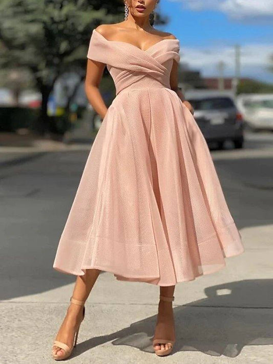 A-Line Empire Minimalist Party Wear Prom Dress Off Shoulder Sleeveless Tea Length Tulle with Pleats - RongMoon
