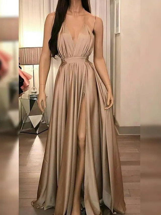 A-Line Minimalist Sexy Wedding Guest Formal Evening Dress V Neck Sleeveless Floor Length Stretch Satin with Pleats Split - RongMoon