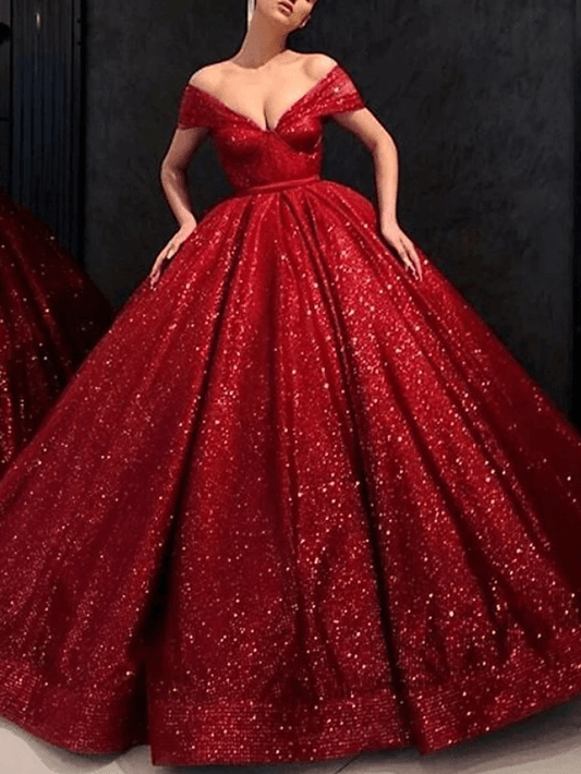 Ball Gown Luxurious Sparkle Engagement Formal Evening Dress V Neck Short Sleeve Floor Length Lace Tulle with Pleats - RongMoon