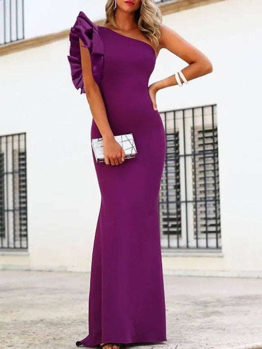 Mermaid / Trumpet Minimalist Elegant Wedding Guest Formal Evening Dress One Shoulder Short Sleeve Floor Length Stretch Satin with Ruffles - RongMoon