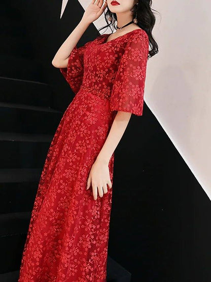 A-Line Floral Engagement Prom Dress V Neck Half Sleeve Ankle Length Lace with Pleats Lace Insert - RongMoon