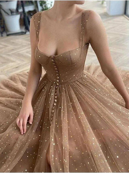 A-Line Elegant Prom Formal Evening Dress Spaghetti Strap Scoop Neck Sleeveless Ankle Length Lace with Pleats Ruched - RongMoon