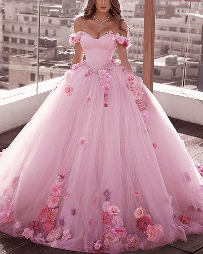 Off Shoulder Tulle Ball Gown Wedding Dresses Floral Flowers Beaded