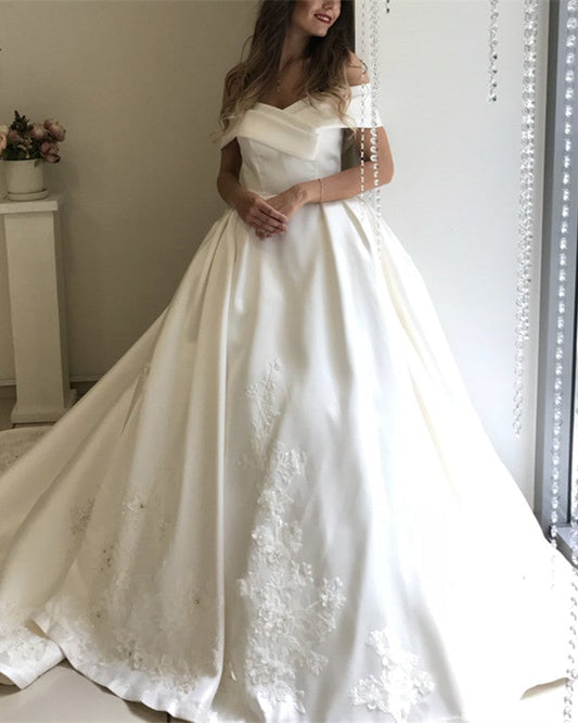 Off The Shoulder Ball Gown Wedding Satin Dresses Lace Embroidery