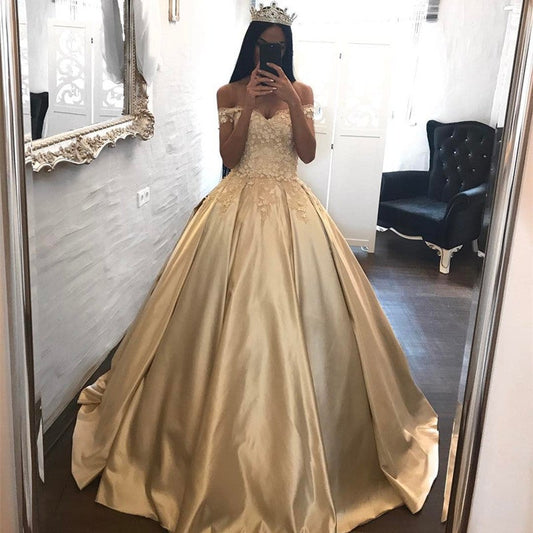 Off The Shoulder Lace Sweetheart Champagne Wedding Dress Ball Gowns