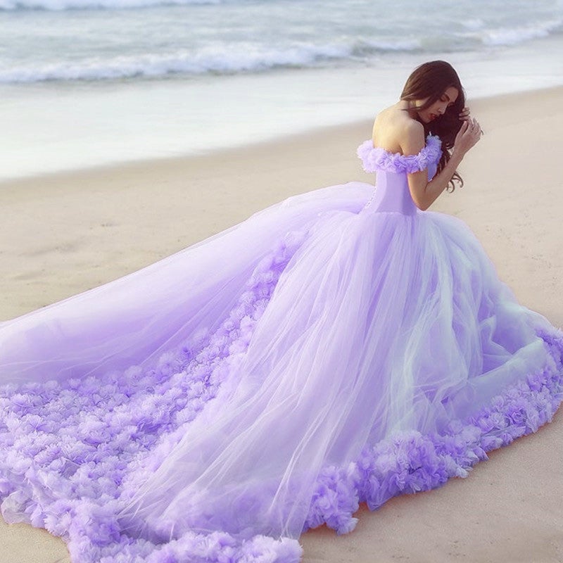 Off The Shoulder Tulle Flower Wedding Dresses Ball Gowns