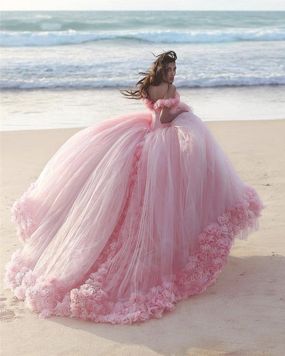Off The Shoulder Tulle Flower Wedding Dresses Ball Gowns