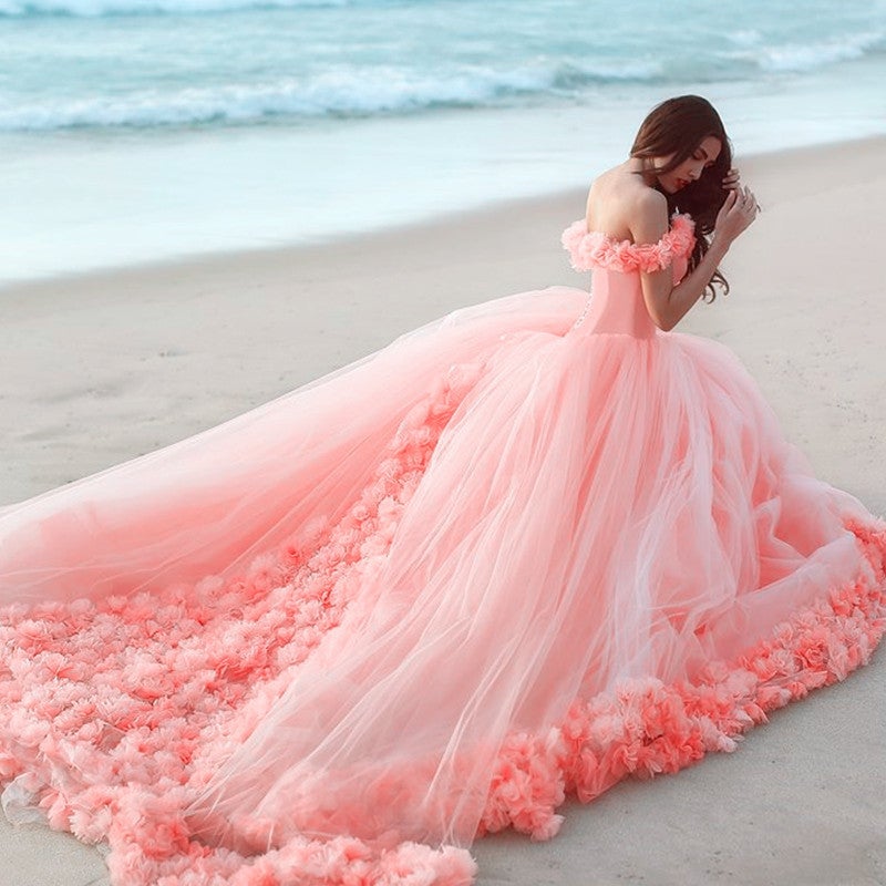 Off The Shoulder Tulle Flower Wedding Dresses Ball Gowns
