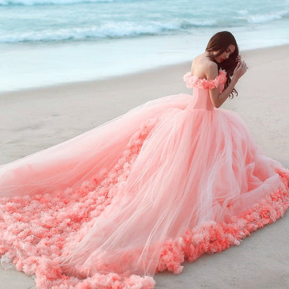 Off The Shoulder Tulle Flower Wedding Dresses Ball Gowns