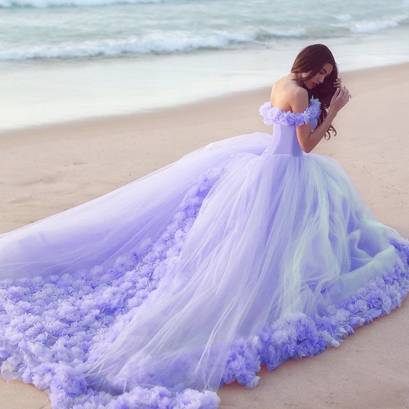 Off The Shoulder Tulle Flower Wedding Dresses Ball Gowns