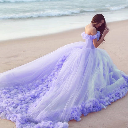 Off The Shoulder Tulle Flower Wedding Dresses Ball Gowns
