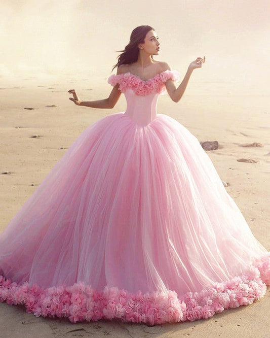 Off The Shoulder Tulle Flower Wedding Dresses Ball Gowns