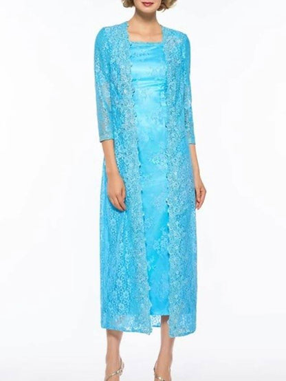 Two Piece Sheath / Column Mother of the Bride Dress Elegant Square Neck Ankle Length Lace 3/4 Length Sleeve with Lace - RongMoon