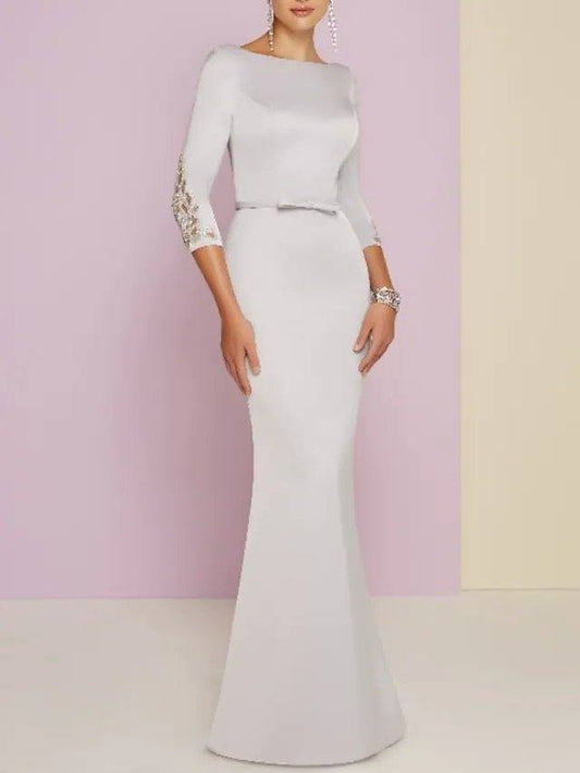 Sheath / Column Mother of the Bride Dress Plus Size Bateau Neck Floor Length Satin 3/4 Length Sleeve with Bow(s) Beading - RongMoon