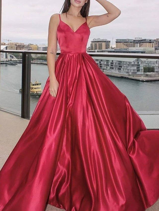 A-Line Minimalist Sexy Wedding Guest Prom Dress V Neck Spaghetti Strap Sleeveless Court Train Satin with Sleek - RongMoon