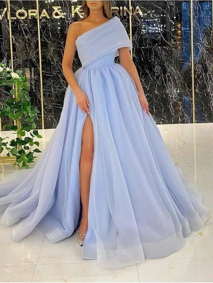 A-Line Luxurious Elegant Engagement Prom Dress One Shoulder Sleeveless Sweep / Brush Train Tulle with Split - RongMoon