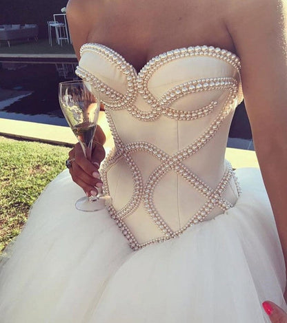 Pearl Beaded Satin Corset Sweetheart Wedding Dresses Ball Gowns