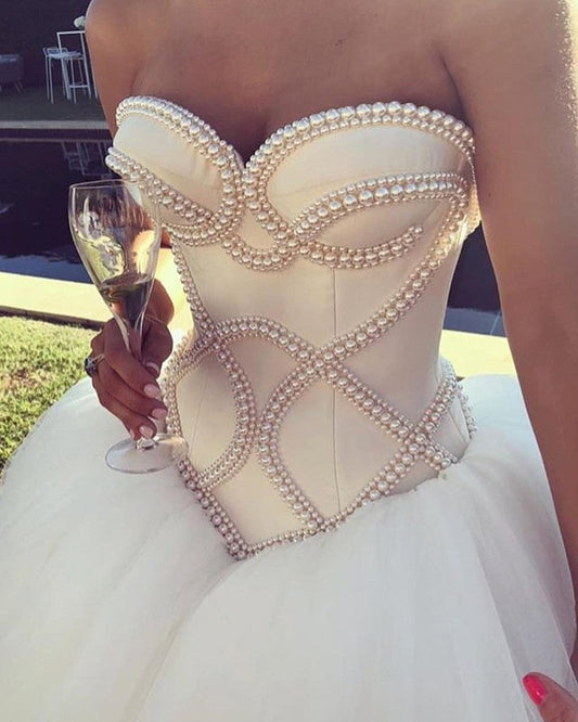 Pearl Beaded Satin Corset Sweetheart Wedding Dresses Ball Gowns