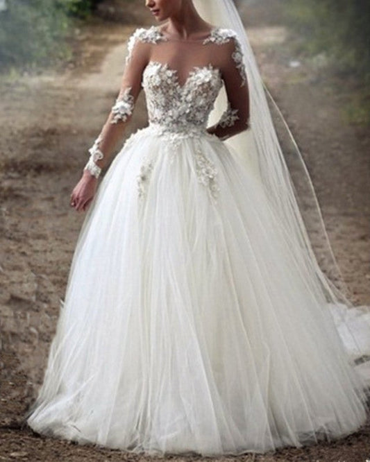 Princess Wedding Dresses Sheer Long Sleeves Lace Embroidery