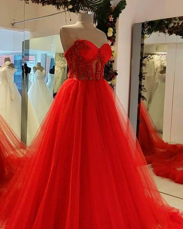 Red Tulle Ball Gown Corset Appliques Dress
