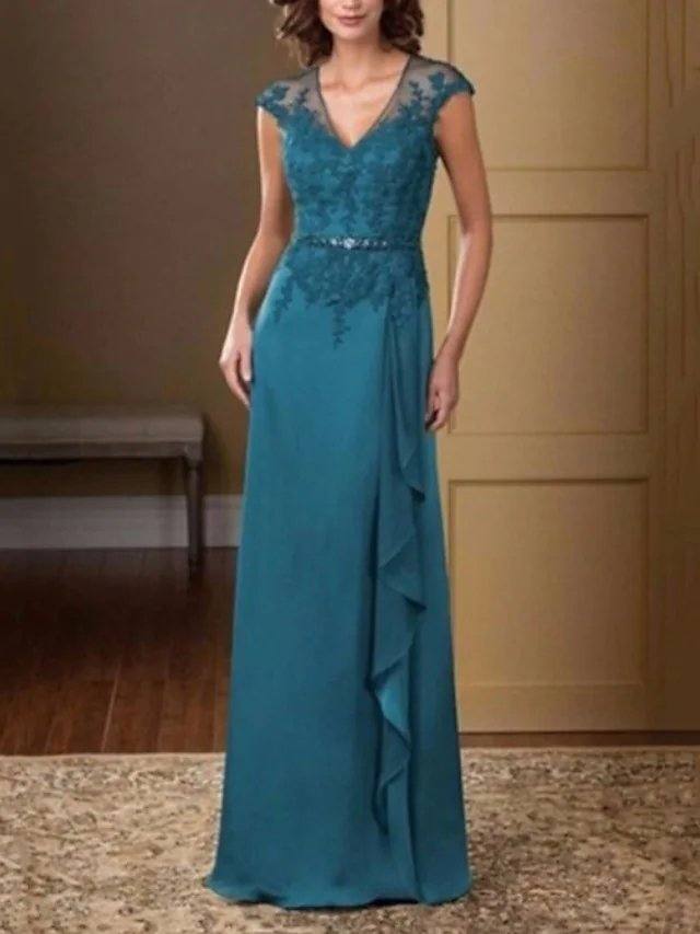 Sheath / Column Mother of the Bride Dress Elegant V Neck Floor Length Chiffon Lace Short Sleeve with Sash / Ribbon Embroidery - RongMoon