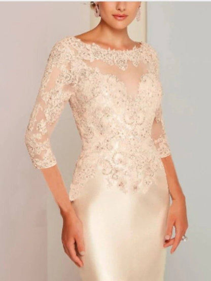 Sheath / Column Mother of the Bride Dress Elegant Jewel Neck Knee Length Charmeuse 3/4 Length Sleeve with Appliques - RongMoon