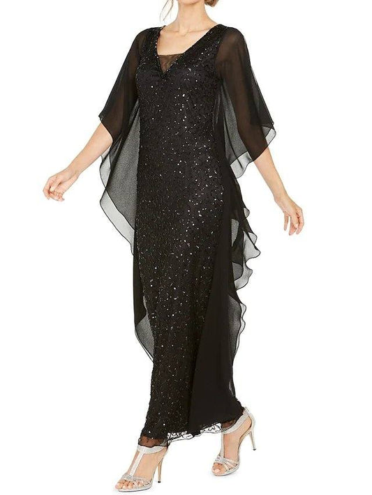 A-Line Mother of the Bride Dress Elegant V Neck Ankle Length Chiffon Half Sleeve with Ruching - RongMoon