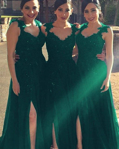 Elegant Lace Straps Sweetheart Long Tulle Split Bridesmaid Dresses - RongMoon