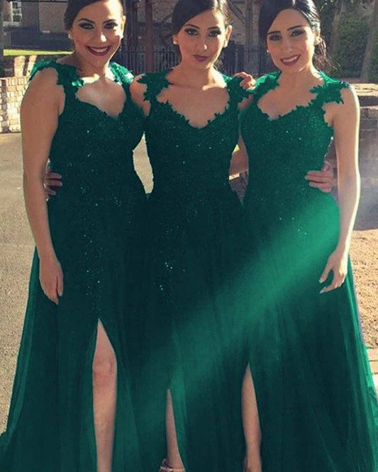 Elegant Lace Straps Sweetheart Long Tulle Split Bridesmaid Dresses - RongMoon