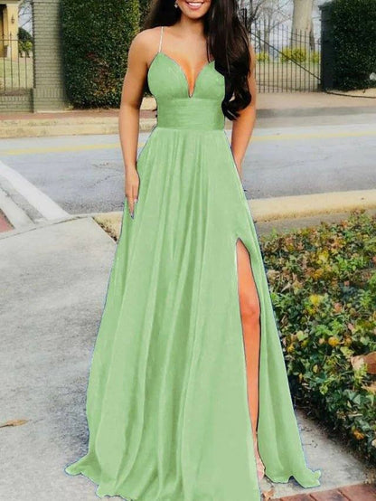 A-Line Sexy Prom Formal Evening Dress Spaghetti Strap Sleeveless Sweep / Brush Train Chiffon with Split - RongMoon