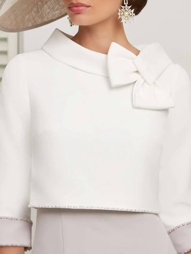 Two Piece Mother of the Bride Dress Elegant Jewel Neck Ankle Length Stretch Satin 3/4 Length Sleeve with Bow(s) - RongMoon