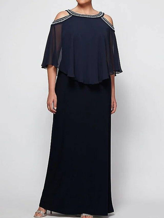 Sheath / Column Mother of the Bride Dress Elegant Jewel Neck Floor Length Chiffon Half Sleeve with Pleats Beading - RongMoon