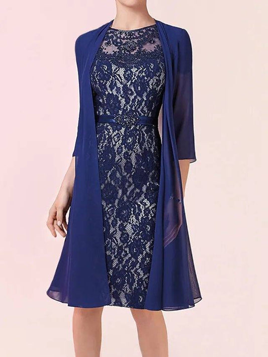 Two Piece Sheath / Column Mother of the Bride Dress Elegant Jewel Neck Knee Length Chiffon Lace 3/4 Length Sleeve with Sash / Ribbon Appliques - RongMoon