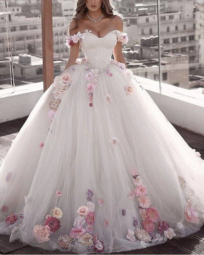 Off Shoulder Tulle Ball Gown Wedding Dresses Floral Flowers Beaded - RongMoon