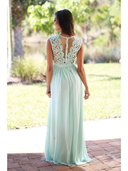 A-Line Jewel Neck Floor Length Chiffon / Lace Bridesmaid Dress with Sash / Ribbon / Pleats - RongMoon