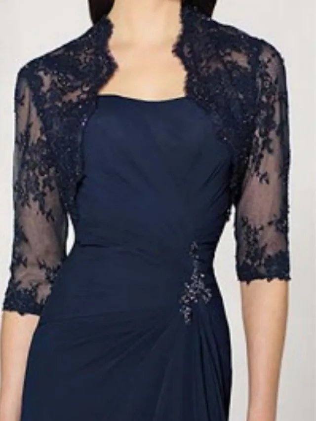 Sheath / Column Mother of the Bride Dress Elegant Queen Anne Sweep / Brush Train Chiffon Lace Half Sleeve with Beading Ruffles Draping - RongMoon