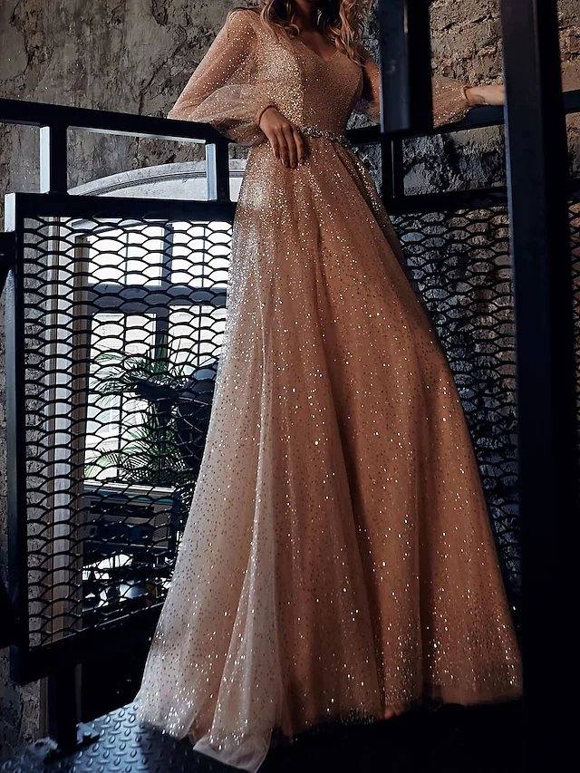 A-Line Glittering Maxi Party Wear Prom Dress V Neck Long Sleeve Floor Length Tulle Sequined with Sash / Ribbon Sequin - RongMoon