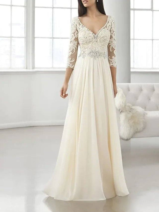 A-Line Mother of the Bride Dress Elegant V Neck Floor Length Chiffon Lace 3/4 Length Sleeve with Pleats Crystal Brooch - RongMoon