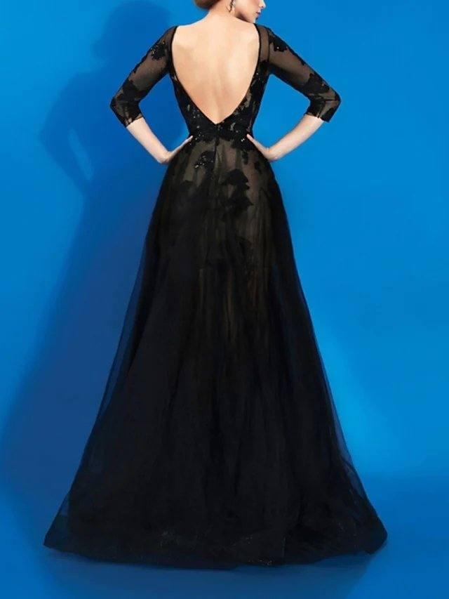 A-Line Beautiful Back Floral Engagement Formal Evening Dress Jewel Neck 3/4 Length Sleeve Floor Length Tulle with Appliques - RongMoon
