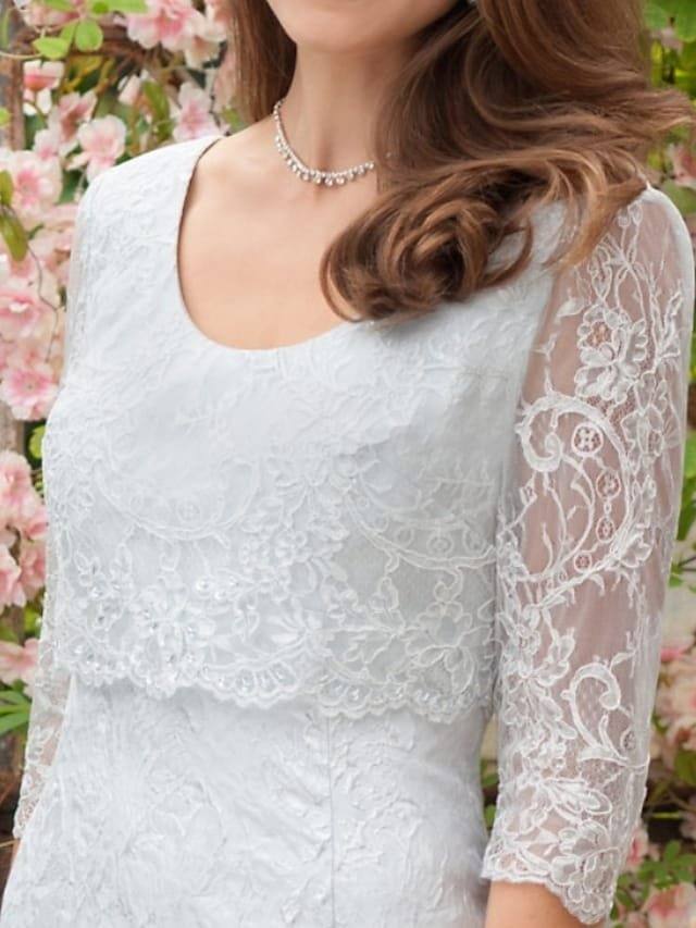 Two Piece Sheath / Column Mother of the Bride Dress Elegant Scoop Neck Knee Length Stretch Fabric Half Sleeve with Appliques - RongMoon
