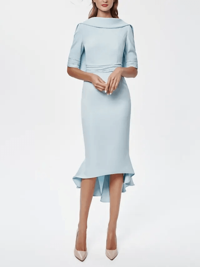 Sheath / Column Mother of the Bride Dress Elegant Jewel Neck Asymmetrical Knee Length Stretch Fabric Half Sleeve with Ruching - RongMoon
