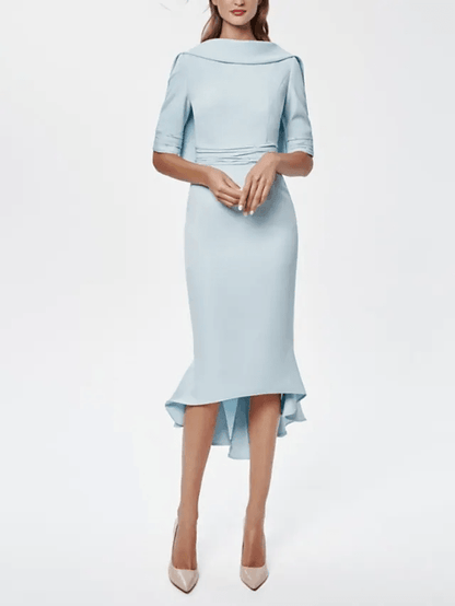 Sheath / Column Mother of the Bride Dress Elegant Jewel Neck Asymmetrical Knee Length Stretch Fabric Half Sleeve with Ruching - RongMoon