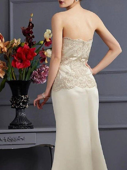 Two Piece Mermaid / Trumpet Mother of the Bride Dress Wrap Included Strapless Sweep / Brush Train Satin 3/4 Length Sleeve with Lace - RongMoon
