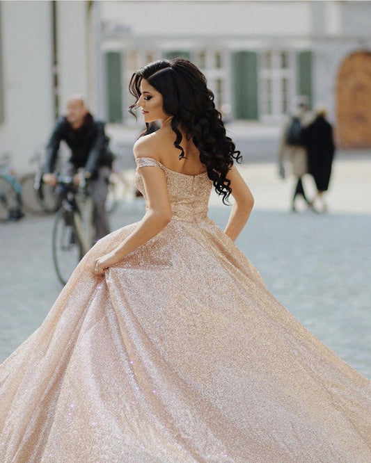 Rose Gold Sequin Ball Gown Dresses Off-the-shoulder