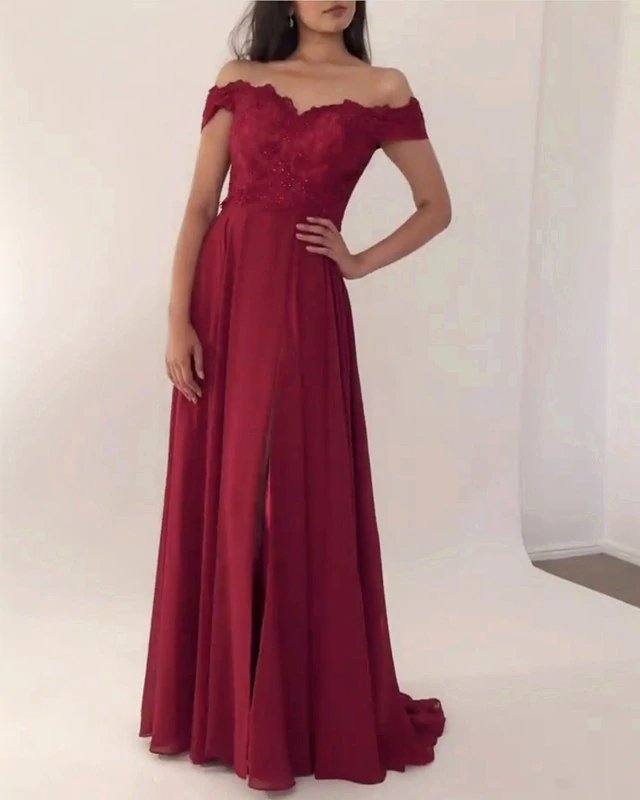 Lace Appliques Off Shoulder Long Chiffon Bridesmaid Dresses - RongMoon