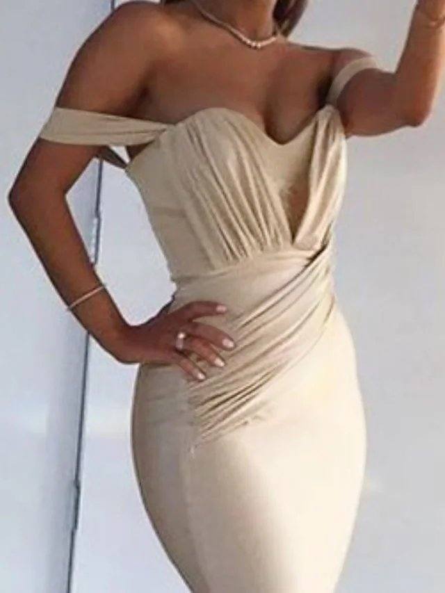 Mermaid / Trumpet Minimalist Sexy Wedding Guest Formal Evening Dress Off Shoulder Sleeveless Court Train Spandex with Pleats Ruched - RongMoon
