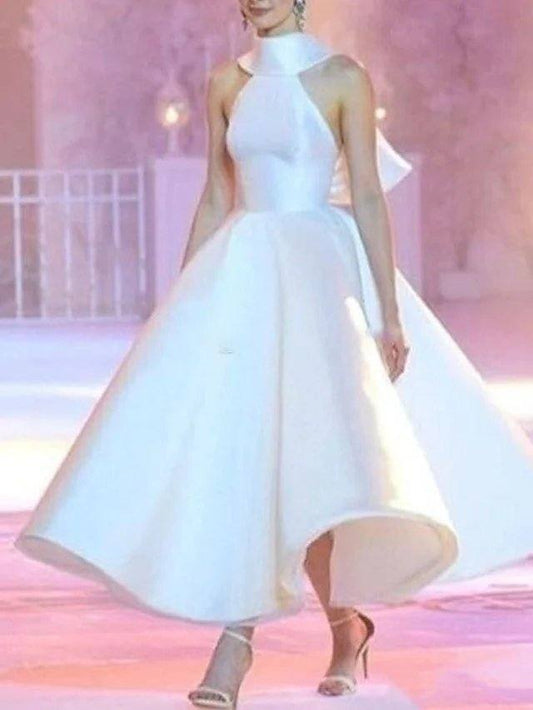 A-Line Vintage Sexy Engagement Prom Dress Halter Neck Sleeveless Ankle Length Stretch Satin with Sleek Bow(s) - RongMoon