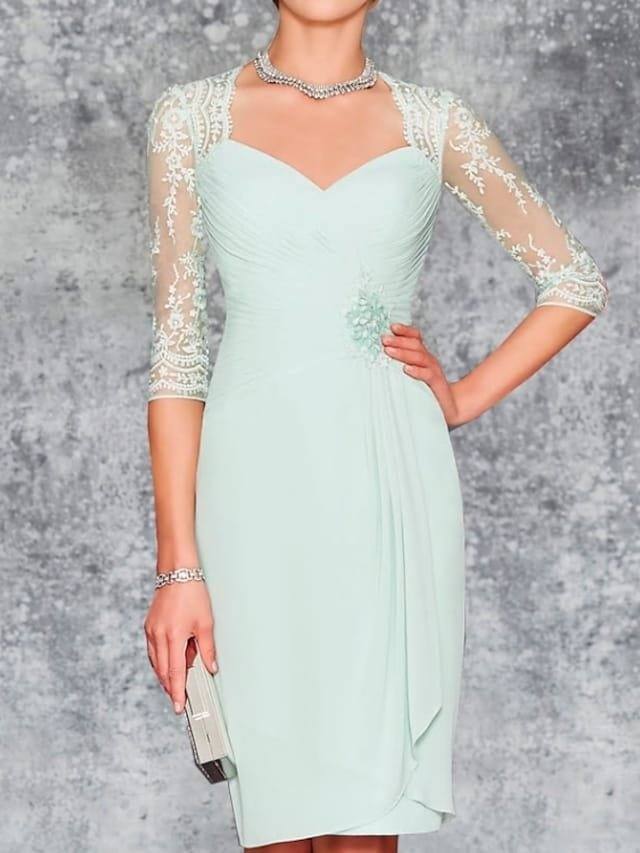 Two Piece Sheath / Column Mother of the Bride Dress Elegant Sweetheart Neckline Knee Length Chiffon 3/4 Length Sleeve with Pleats Embroidery - RongMoon